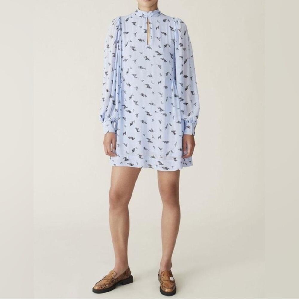 Ganni Georgette Mini Dress Womens 40 Blue NWT Floral Long Sleeve Shift F4534